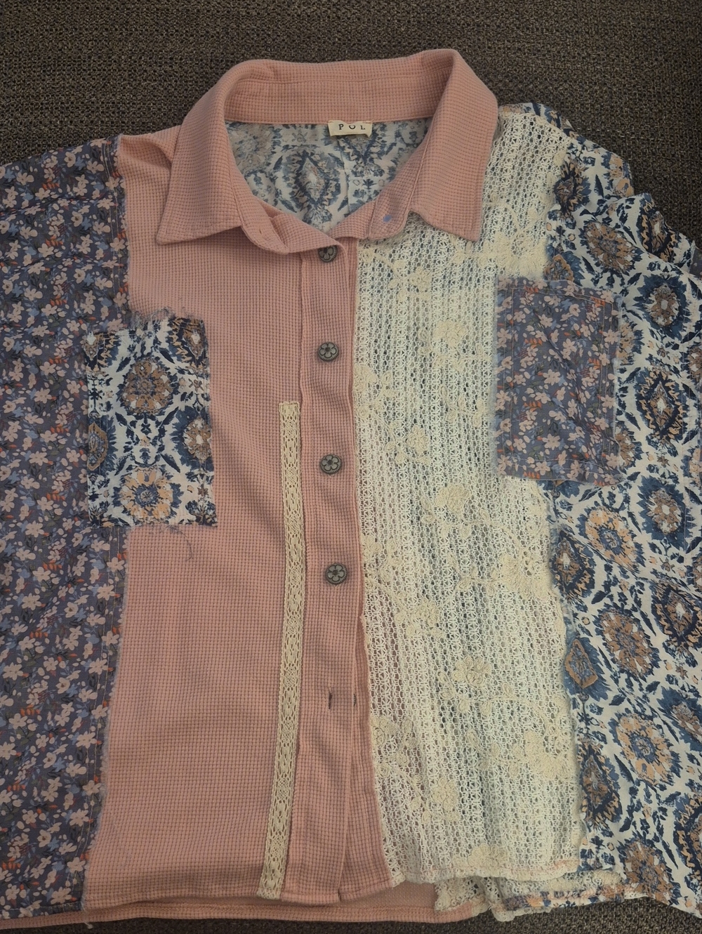 POL Patchwork Floral & Lace Blazer Jacket in Pink, Blue, and Cream - Picture 10 of 13